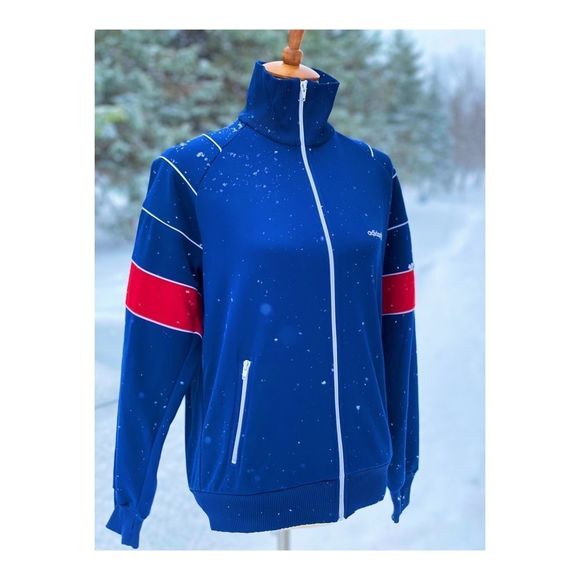 SOLD Vintage Adidas Track Jacket 1980s Full Zip Blue Red White Sz M Mock Neck - Picture 2 of 10